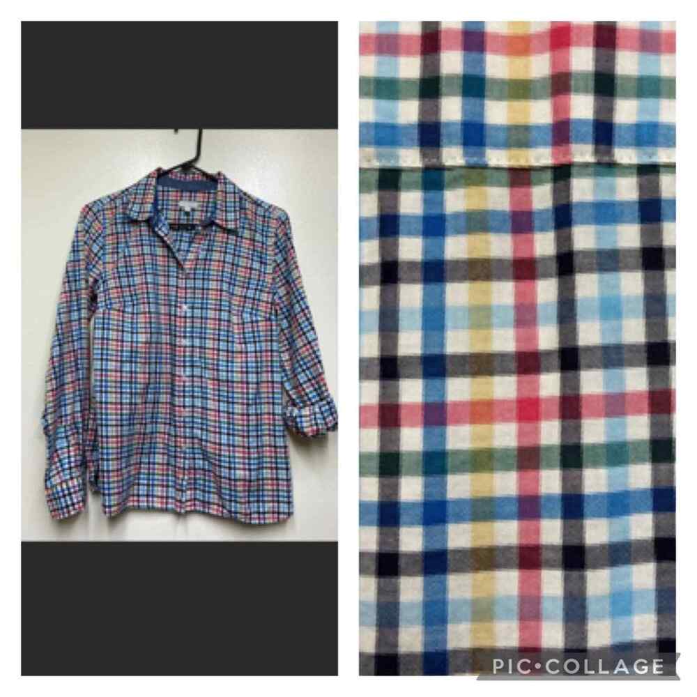 Talbots Rainbow Gingham Plaid Button Up Top Women’s Small Roll Tab Sleeve Color